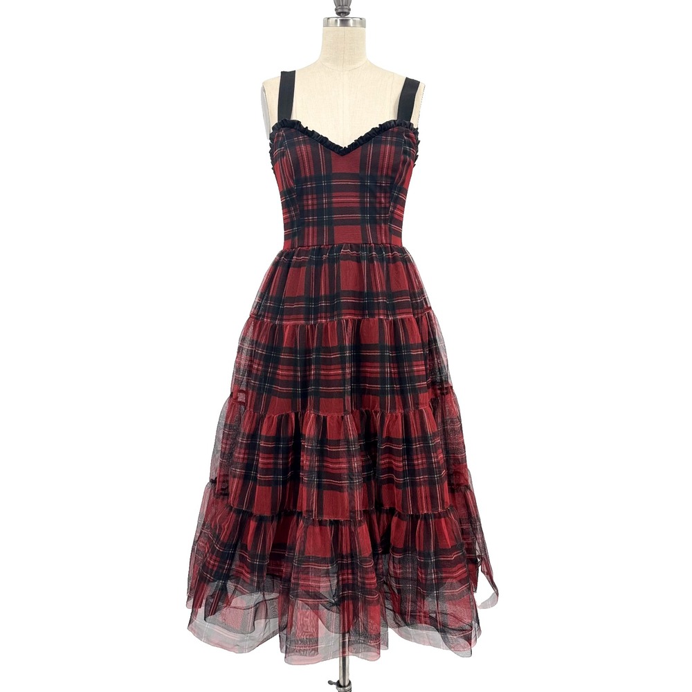 Betsey Johnson Plaid Mesh Tulle Tiered Midi Dress 4 Tartan Romantic Goth 90s - Picture 2 of 12